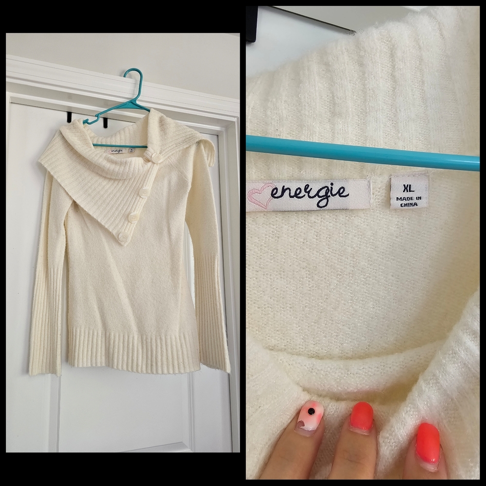 Energie Cream Cowl Neck Sweater with Ribbed Knit